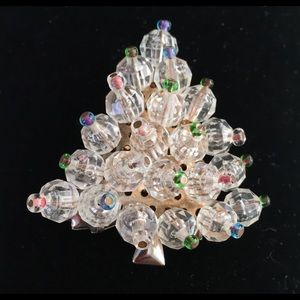 VINTAGE Beaded clear plastic‎ crystal Christmas Tree Pin
